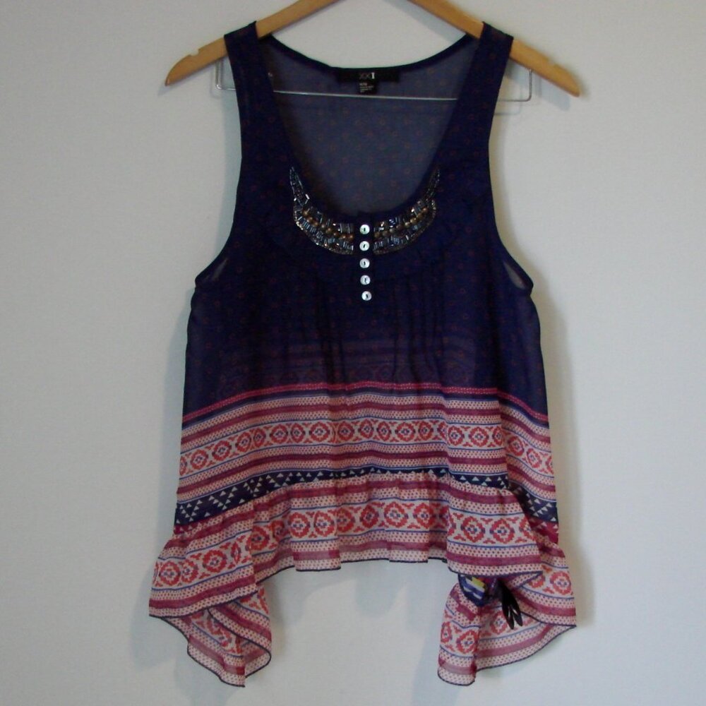 Y2K Beaded Flowy Tank Top Boho Fairy Hippie Blue Red Asymmetrical Sheer Medium